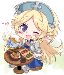Rule 34 | 1girl, alcohol, armor, armored boots, armored dress, ascot, bad id, bad pixiv id, bare shoulders, beer, beer mug, black gloves, blonde hair, blue dress, blue headwear, blush, boots, breasts, chibi, commentary request, commission, cup, dress, ear piercing, foam, food, full body, gauntlets, gloves, heart, highres, hizuki yayoi, holding, holding cup, long hair, looking at viewer, medium breasts, mug, one eye closed, open mouth, orange ascot, piercing, pixiv commission, pointy ears, princess connect!, purple eyes, sitting, solo, table, very long hair, yukari (princess connect!)