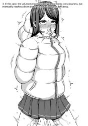 Rule 34 | 1girl, arms behind back, asphyxiation, blush, cowboy shot, down jacket, drooling, english text, greyscale, hanged, hood, hooded jacket, hoodie, jacket, jj.jj, long hair, long sleeves, looking at viewer, miniskirt, monochrome, motion lines, noose, nose bubble, open mouth, original, parted bangs, peeing, peeing self, pleated skirt, rolling eyes, rope, simple background, skirt, smile, solo, spread legs, struggling, sweat, tearing up, tears, teeth, tongue, tongue out, white background, zipper