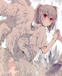 Rule 34 | 1girl, against glass, angel chromosome xx, angel wings, bad id, bad pixiv id, blush, closed mouth, feathered wings, from behind, ikeuchi tanuma, looking at viewer, looking back, medium hair, multiple wings, neon genesis evangelion, panties, pink eyes, reflection, short sleeves, smile, solo, tabris-xx, twitter username, two side up, underwear, white panties, wings