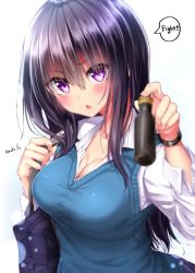 Rule 34 | 1girl, bag, black hair, blue bag, blue skirt, blue vest, blurry, blush, bottle, breasts, chestnut mouth, cleavage, collared shirt, depth of field, english text, hair between eyes, highres, holding, holding bottle, long hair, long sleeves, looking at viewer, medium breasts, mokufuu, open mouth, original, pleated skirt, purple eyes, shirt, skirt, sleeves rolled up, solo, speech bubble, sweater vest, twitter username, very long hair, vest, watch, white background, white shirt, wristwatch