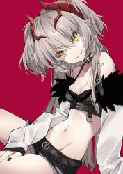 Rule 34 | bare shoulders, belt, black choker, black nails, breasts, choker, cleavage, copyright request, eyes visible through hair, fingernails, fur trim, grey hair, grin, hair between eyes, highres, horns, long hair, looking at viewer, nail polish, navel, parted lips, pointy ears, red background, red horns, samei ikusa, simple background, sitting, sleeves past wrists, smile, solo, teeth, torn, torn clothes, yellow eyes