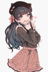 Rule 34 | 1girl, 43 pon, beret, black hair, blunt bangs, blush, bow, breasts, brown eyes, buttoned cuffs, buttons, frills, hat, heart, highres, idolmaster, idolmaster shiny colors, long hair, long sleeves, looking at viewer, mayuzumi fuyuko, medium breasts, open mouth, pink skirt, ribbon, shirt, simple background, skirt, smile, solo, v, white background