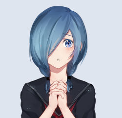 Rule 34 | 1girl, :o, black shirt, blue eyes, blue hair, collarbone, commentary request, face, g4265059, grey background, hair over one eye, hair over shoulder, kirishima touka, looking at viewer, no nose, one eye covered, red neckwear, school uniform, shirt, short hair, simple background, solo, tokyo ghoul, tokyo ghoul:re, twintails