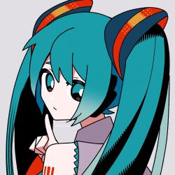 Rule 34 | 1girl, aqua eyes, aqua hair, bare shoulders, closed mouth, from behind, grey background, grey skirt, hair ornament, halftone, hatsune miku, index finger raised, long hair, looking at viewer, looking back, machigami yoh, portrait, shirt, simple background, skirt, sleeveless, sleeveless shirt, solo, twintails, twitter username, vocaloid