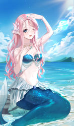 Rule 34 | 1girl, ;d, absurdres, arm up, bare shoulders, blue eyes, blue nails, blue sky, bracelet, breasts, check commentary, chiya (inae129), cleavage, cloud, collarbone, commentary request, coral hair ornament, day, groin, hair strand, hand on own chest, highres, jewelry, layered skirt, lens flare, light rays, long hair, looking at viewer, mermaid, midriff, monster girl, mountainous horizon, nail polish, navel, ocean, one eye closed, open mouth, original, outdoors, parted bangs, pearl bracelet, pink hair, rock, see-through, see-through skirt, shadow, shell, shell bikini, sitting, skirt, sky, small breasts, smile, solo, sunbeam, sunlight