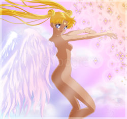 Rule 34 | 1990s (style), 1girl, artist request, ass, bad anatomy, bishoujo senshi sailor moon, blonde hair, blue eyes, completely nude, crescent, crescent facial mark, double bun, facial mark, forehead mark, hair bun, looking at viewer, looking back, nude, outstretched arms, parted bangs, poorly drawn, retro artstyle, smile, solo, standing, tsukino usagi, twintails, watermark, wind, wind lift, wings