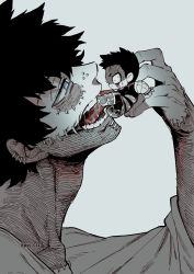 Rule 34 | 2boys, adam&#039;s apple, beard, blue eyes, boku no hero academia, boots, burn scar, chibi, costume, dabi (boku no hero academia), ear piercing, endeavor (boku no hero academia), facial hair, facial scar, father and son, fingerless gloves, gloves, greyscale, highres, holding person, kan (pyy c12), licking, male focus, monochrome, multiple boys, multiple scars, mustache, nose piercing, open mouth, panicking, piercing, resisting, saliva, scar, scar across eye, scar on arm, scar on cheek, scar on face, scar on mouth, scar on neck, short hair, sideburns, size difference, sleeves pushed up, spiked hair, spot color, stapled, stubble, sweatdrop, teeth, twitter username, very short hair