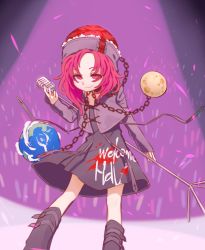 Rule 34 | 1girl, aliun, alternate costume, black dress, black footwear, boots, chain, clothes writing, collar, dress, earth (ornament), hecatia lapislazuli, long sleeves, looking at viewer, microphone, moon (ornament), red eyes, red hair, short dress, smirk, solo, touhou