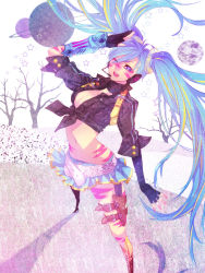 Rule 34 | 1girl, araki (bouncer), bad id, bad pixiv id, belt, blue eyes, blue hair, boots, breasts, cleavage, fingerless gloves, front-tie top, gloves, hatsune miku, headset, highres, knee boots, knife, long hair, matching hair/eyes, midriff, navel, one eye closed, perspective, salute, shirt, skirt, solo, tied shirt, twintails, very long hair, vocaloid, wink