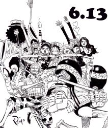 Rule 34 | 2girls, 6+boys, :d, ^ ^, absurdres, afro, arms up, bare arms, bikini, blood, boots, brook (one piece), burn scar, buzz cut, cigarette, closed eyes, cyborg, dated, drooling, earmuffs, eyewear on head, feet out of frame, franky (one piece), friends, furrowed brow, greyscale, grin, group hug, hair over one eye, happy, hat, heart, heart-shaped eyes, highres, hug, jacket, japanese clothes, kimono, log pose, long hair, long sleeves, looking afar, looking at another, looking to the side, male swimwear, marker (medium), mechanical arms, monkey d. luffy, monochrome, multiple boys, multiple girls, muscular, nami (one piece), navel, nico robin, nishiponi, nosebleed, official style, one eye closed, one piece, open mouth, outstretched arms, pants, roronoa zoro, sanji (one piece), scar, scar across eye, scar on face, sheath, shirt, shoes, short hair, short sleeves, sideburns, single mechanical arm, skeleton, smile, smoke, stitches, stomach, straw hat, sunglasses, sweat, swim briefs, swimsuit, sword, teeth, thumbs up, tongue, tongue out, tony tony chopper, traditional media, usopp, v-shaped eyebrows, very short hair, weapon, wide sleeves, |d