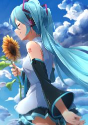 Rule 34 | 1girl, absurdres, aqua hair, aqua nails, aqua necktie, bare shoulders, black skirt, black sleeves, closed eyes, cloud, cloudy sky, commentary, cowboy shot, day, detached sleeves, flower, from below, grey shirt, hair ornament, hatsune miku, headphones, highres, holding, holding flower, leaf, lens flare, light blush, long hair, miniskirt, nail polish, neck ribbon, necktie, outdoors, pleated skirt, ribbon, shirt, shoulder tattoo, skirt, sky, sleeveless, sleeveless shirt, smile, solo, standing, sunflower, tattoo, twintails, very long hair, vocaloid, yaaben