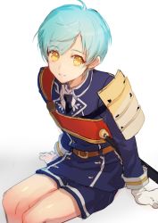 Rule 34 | 10s, 1boy, aqua hair, armor, blue hair, double-breasted, from above, gloves, ichigo hitofuri, japanese armor, looking at viewer, looking up, male focus, military, military uniform, momoshiki tsubaki, necktie, parted lips, sash, sheath, sheathed, short hair, shorts, shoulder armor, sitting, sode, solo, touken ranbu, uniform, white gloves, yellow eyes, aged down