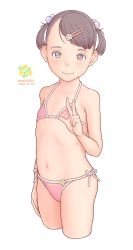 Rule 34 | 1girl, a kun, bikini, child, female focus, flat chest, hair bobbles, hair ornament, hairclip, highres, looking at viewer, original, short hair, short twintails, side-tie bikini bottom, simple background, smile, solo, swimsuit, twintails, v, white background