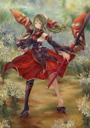 Rule 34 | 1girl, absurdres, black gloves, breasts, clothing cutout, day, earrings, fantasy, fingerless gloves, floral print, flower, gloves, green eyes, hair ribbon, highres, holding, holding sword, holding weapon, japanese clothes, jewelry, katana, kimono, long hair, looking at viewer, medium breasts, original, outdoors, red ribbon, red skirt, ribbon, sandals, side cutout, sideboob, single thighhigh, skirt, smile, solo, standing, sword, thighhighs, weapon, yashiron2011