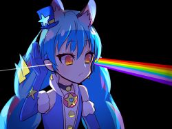 Rule 34 | 1girl, album cover, album cover redraw, ameya shioichi, animal ear fluff, animal ears, bell, black background, blue choker, blue gloves, blue hair, blue hat, blue vest, braid, cat ears, cat girl, choker, commentary, cover, cure cosmo, dark side of the moon, derivative work, earrings, elbow gloves, fur-trimmed gloves, fur trim, gloves, hair between eyes, hand up, hat, heart, heart print, highres, jewelry, listening, long hair, looking away, low-tied long hair, magical girl, mini hat, mini top hat, multicolored hair, neck bell, parody, pink floyd, pink hair, pointy ears, precure, prism, rainbow, shadow, simple background, sketch, solo, star (symbol), star print, star twinkle precure, streaked hair, top hat, triangle earrings, triangle hair ornament, twin braids, twintails, upper body, vest, yellow eyes, yuni (precure)