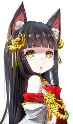 Rule 34 | 1girl, animal ears, azur lane, bare shoulders, black hair, blunt bangs, brown eyes, detached sleeves, dress, fox ears, from side, hair ornament, highres, long hair, looking back, nagato (azur lane), nyucha, open mouth, red dress, solo, strapless, strapless dress, upper body