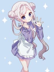 Rule 34 | 1girl, apron, blue background, blue eyes, blue jacket, blush, closed mouth, collared jacket, dot nose, double bun, feet out of frame, hair bun, hair intakes, hands up, highres, holding, holding hair, jacket, jersey maid, jewelry, long sleeves, looking at viewer, magia record: mahou shoujo madoka magica gaiden, mahou shoujo madoka magica, maid, maid apron, ring, ruru (rurumagi), sidelocks, simple background, smile, solo, sparkle, spread fingers, swept bangs, track jacket, twintails, unconventional maid, white apron, yakumo mikage