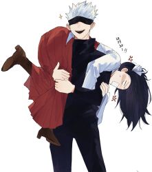 Rule 34 | 1boy, 1girl, anger vein, black jacket, blue hair, brown footwear, carrying, carrying person, commentary, covered eyes, english commentary, gojou satoru, grey hair, hair ribbon, highres, iori utahime, jacket, japanese clothes, jujutsu kaisen, korean text, long hair, looking at viewer, matchi (ginger.8), miko, on shoulder, ribbon, short hair, simple background, sparkle, translation request, white background
