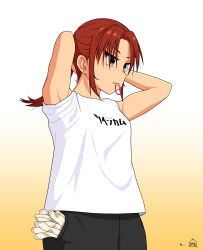 Rule 34 | 1girl, absurdres, earrings, highres, jewelry, original, ponytail, red hair, shirt, solo, t-shirt, tomboy, tying hair, yellow eyes