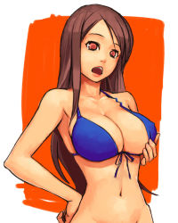 Rule 34 | 1girl, bad id, bad pixiv id, bikini, bikini top only, blue bikini, bottomless, breast hold, breast lift, breasts, brown hair, cleavage, front-tie top, large breasts, long hair, navel, original, out-of-frame censoring, pink eyes, solo, swimsuit, upper body, yuuji (and)