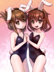 Rule 34 | 10s, 2girls, alternate costume, animal ears, bare legs, bare shoulders, brown eyes, brown hair, collarbone, fake animal ears, flat chest, folded ponytail, gradient background, hair between eyes, hairband, highres, holding hands, ikazuchi (kancolle), inazuma (kancolle), kantai collection, leotard, long hair, looking at viewer, multiple girls, off shoulder, playboy bunny, rabbit ears, rabbit tail, short hair, tail, wavy mouth, you naka