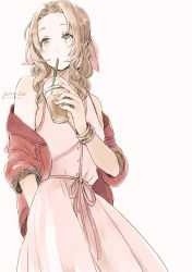 Rule 34 | 1girl, absurdres, aerith gainsborough, ancotsubu, arm behind back, belt, bracelet, braid, brown hair, buttons, coffee, dress, drinking, drinking straw, drinking straw in mouth, final fantasy, final fantasy vii, final fantasy vii remake, green eyes, highres, jacket, jacket partially removed, jewelry, pink dress, red jacket, ribbon, solo, square enix, starbucks, sundress, wavy hair, white background