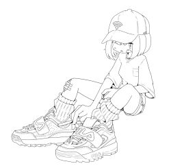 Rule 34 | 1girl, bandaid, bandaid on cheek, bandaid on face, bandaid on knee, bandaid on leg, baseball cap, bob cut, breast pocket, breasts, cigarette, closed mouth, commentary, fila, full body, greyscale, hair over one eye, hat, high contrast, highres, holding, holding cigarette, holding lighter, knees up, lighter, lineart, looking at viewer, medium hair, monochrome, nao97122, one eye covered, open mouth, original, pocket, ribbed socks, shirt, shoes, short sleeves, shorts, simple background, sitting, small breasts, smoking, sneakers, socks, solo, streetwear, unfinished, white background