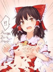 Rule 34 | !, !?, 1girl, ?, ascot, black hair, bow, breasts, brown eyes, commentary request, convenient arm, detached sleeves, emphasis lines, frilled bow, frills, gradient background, hair bow, hair tubes, hakurei reimu, happy birthday, head tilt, heart, heart of string, highres, long hair, looking at viewer, medium breasts, miyo (ranthath), navel, nude, open mouth, pink background, red bow, sidelocks, solo, spoken exclamation mark, spoken question mark, stomach, sweat, torn clothes, torn sleeves, touhou, upper body, white background, yellow ascot