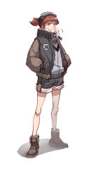 Rule 34 | 10s, 1girl, ankle boots, badge, bare legs, belt, black shorts, blunt bangs, boots, brown eyes, brown hair, closed mouth, cross-laced footwear, die (die0118), emblem, frown, full body, fur-trimmed jacket, fur trim, girls und panzer, goggles, goggles on head, grass, hands in pockets, high collar, jacket, legs apart, long sleeves, looking at viewer, md5 mismatch, mikko (girls und panzer), mouth hold, open belt, open clothes, open jacket, ponytail, red eyes, scarf, shade, shadow, short ponytail, shorts, simple background, socks, solo, stalk in mouth, standing, unzipped, white background
