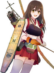 Rule 34 | 10s, 1girl, :d, aircraft carrier, akagi (kancolle), arrow (projectile), blush, bow (weapon), brown eyes, brown hair, gloves, japanese clothes, kantai collection, long hair, military, military vehicle, muneate, ohashi0, open mouth, partially fingerless gloves, partly fingerless gloves, personification, quiver, ship, short hair, skirt, smile, solo, tasuki, thighhighs, warship, watercraft, weapon, white thighhighs, yugake