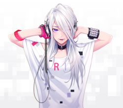 Rule 34 | 1girl, black collar, chimachi, collar, collarbone, eyes visible through hair, fingerless gloves, gloves, gradient background, grey background, hair over one eye, hands on headphones, hands up, headphones, highres, licking lips, long hair, looking at viewer, original, parted lips, pink gloves, shirt, short sleeves, single glove, solo, studded bracelet, tongue, tongue out, upper body, white hair, white shirt