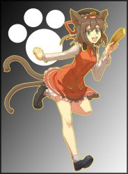 Rule 34 | 1girl, animal ears, border, brown hair, cat ears, cat girl, cat tail, chen, female focus, green eyes, hat, highres, if they mated, kusanagi kaoru, multiple tails, paw print, rod of remorse, shiki eiki, short hair, solo, tail, touhou