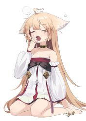 Rule 34 | 1girl, absurdres, animal ears, anklet, antenna hair, ayaha 4780828, bare shoulders, blonde hair, blush, closed eyes, collarbone, detached sleeves, dress, female focus, fox ears, highres, jewelry, long hair, neck ring, open mouth, original, short dress, simple background, sitting, sleepy, solo, strapless, strapless dress, very long hair, white background, yawning