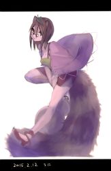 Rule 34 | 1girl, adapted costume, animal ears, border, breasts, brown eyes, brown hair, capelet, cleavage, dated, full body, futatsuiwa mamizou, glasses, gourd, high heels, highres, leaf, leaf on head, looking at viewer, namauni, raccoon ears, raccoon tail, short hair, simple background, skirt, sleeveless, solo, tail, touhou, white background