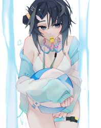 Rule 34 | 1girl, aiyouyin, arknights, ball, beachball, bikini, black hair, blue eyes, breasts, cowboy shot, goggles, goggles around neck, hair between eyes, hair bun, hair ornament, hairclip, highres, jacket, la pluma (arknights), la pluma (summer flowers) (arknights), lanyard, long hair, looking at viewer, medium breasts, mouth hold, off shoulder, official alternate costume, open clothes, open jacket, short hair, simple background, solo, swimsuit, thigh strap, whistle, white background, white bikini, white jacket