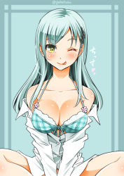 Rule 34 | 10s, 1girl, ;), ;q, aqua hair, blush, bra, breasts, cleavage, collarbone, dress shirt, green eyes, hair ornament, hairclip, highres, kantai collection, large breasts, long hair, looking at viewer, one eye closed, open clothes, open shirt, plaid, plaid bra, shirt, sitting, smile, sogabe toshinori, solo, suzuya (kancolle), tongue, tongue out, underwear, v arms