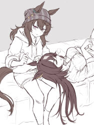 Rule 34 | 2girls, absurdres, animal ears, beanie, bed, brown hair, closed eyes, commentary request, cutoffs, ear cleaning, ears through headwear, grey headwear, hat, highres, hood, hood down, hoodie, horse ears, horse girl, horse tail, lap pillow, long hair, long sleeves, looking at viewer, lying, mimikaki, multiple girls, nakayama festa (umamusume), namuko, nose bubble, on back, open mouth, partially colored, pink eyes, shirt, short shorts, shorts, sirius symboli (umamusume), sitting, sketch, sleeping, sleeves pushed up, sleeves rolled up, socks, spot color, tail, umamusume