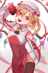 Rule 34 | 1girl, ascot, black ascot, black thighhighs, blood, breasts, brooch, collared dress, cowboy shot, crystal, detached sleeves, dress, fangs, flandre scarlet, frilled sleeves, frills, gradient background, grey background, haido (unisan), hair between eyes, hat, head tilt, heart, heart (organ), highres, holding, holding heart, jewelry, looking at viewer, mob cap, multicolored wings, open mouth, pointy ears, puffy sleeves, red dress, red eyes, red ribbon, ribbon, ribbon-trimmed headwear, ribbon trim, simple background, sleeveless, sleeveless dress, small breasts, solo, teeth, thighhighs, touhou, white background, white hat, wings, yellow brooch