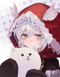 Rule 34 | 1girl, animal, animal request, black dress, blush, closed mouth, dress, feathers, frilled dress, frills, grey eyes, grey hair, hair between eyes, hat feather, holding, holding animal, no.21: xxi (red hoodie) (punishing: gray raven), no.21 (punishing: gray raven), no. 13, punishing: gray raven, red hood, sidelocks, sleeves past fingers, sleeves past wrists, white feathers