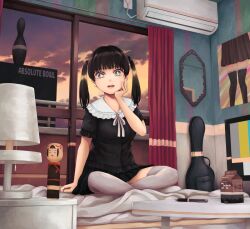 Rule 34 | 1girl, black hair, black shirt, black skirt, bowling pin, curtains, desk lamp, instrument case, lamp, looking at viewer, medium hair, mirror, multicolored eyes, on floor, original, pen, shirt, skirt, solo, television, thighhighs, twintails, white thighhighs, window, yajirushi (chanoma)