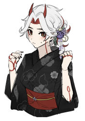 Rule 34 | 1girl, alternate costume, arataki itto, bad id, bad twitter id, black nails, blush, bodypaint, breasts, closed mouth, cropped torso, facepaint, floral print, genderswap, genderswap (mtf), genshin impact, grey hair, hair ornament, highres, horns, japanese clothes, looking at viewer, multicolored hair, nail polish, obi, oni yakisoba, red eyes, red hair, sash, simple background, solo, sweat, upper body, white background