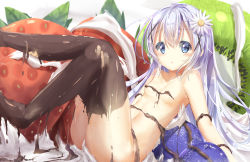 Rule 34 | 1girl, :o, bad id, bad pixiv id, blue eyes, blue hair, blueberry, blush, breasts, chocolate, chocolate on body, chocolate on breasts, chocolate on foot, chocolate on legs, collarbone, commentary request, flower, food, food on body, fruit, full body, gochuumon wa usagi desu ka?, hair between eyes, hair flower, hair ornament, hairclip, highres, kafuu chino, kiwi (fruit), knees together feet apart, legs up, light blue hair, long hair, looking at viewer, mini person, minigirl, natuna natu, navel, nude, open mouth, sidelocks, small breasts, solo, stomach, strawberry, whipped cream, white flower, x hair ornament