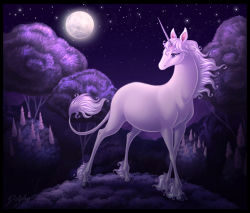 Rule 34 | blue eyes, dolphy, fantasy, full moon, horns, looking back, moon, moonlight, nature, night, night sky, no humans, purple theme, silver hair, sky, standing, the last unicorn, the unicorn (the last unicorn), tree, unicorn