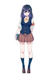 Rule 34 | 1girl, 40hara, armband, blue hair, blue socks, blue sweater vest, book, bow, bowtie, brown skirt, colored inner hair, commentary, full body, highres, holding, holding book, iya na kao sare nagara opantsu misete moraitai, loafers, looking at viewer, multicolored hair, open mouth, pleated skirt, purple eyes, purple hair, shirt, shoes, simple background, skirt, socks, solo, sweater vest, two-tone hair, white background, white shirt, yellow armband, yellow bow, yellow bowtie
