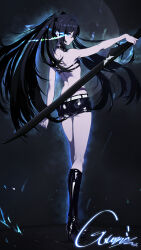 Rule 34 | 1girl, absurdres, ass, ass peek, back, bare arms, bare shoulders, belt, bikini, bikini top only, black bikini, black footwear, black hair, black rock shooter, black rock shooter (character), black shorts, blue eyes, boots, breasts, choker, commentary request, from behind, full body, guzzzzi, high heel boots, high heels, highres, holding, holding sword, holding weapon, knee boots, kneepits, long hair, looking back, pale skin, short shorts, shorts, signature, small breasts, solo, standing, swimsuit, sword, twintails, very long hair, weapon, white belt