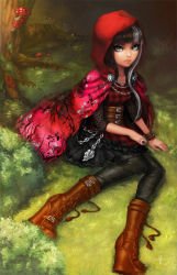 Rule 34 | blue eyes, boots, bracelet, cape, cerise hood, dress, ever after high, hood, jewelry, looking at viewer, lying, lying on ground, mitsuya, multicolored hair, mushroom, nature, plaid, plaid dress, red hood, ring, serious, tagme, tree, two-tone hair