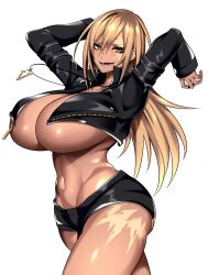 Rule 34 | 1girl, absurdres, arms up, black jacket, black shorts, blonde hair, breasts, cleavage, cropped jacket, dark-skinned female, dark skin, hair between eyes, highres, hip bones, huge breasts, hz (666v), jacket, jewelry, leather, leather jacket, long hair, lower teeth only, navel, open mouth, original, pendant, scar, scar across eye, scar on face, scar on leg, short shorts, shorts, smile, solo, stomach, teeth, thighs, toned, underboob, vecky (camui kamui), white background, yellow eyes