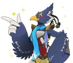 Rule 34 | 1boy, arijuno, armor, artist name, beak, bird boy, blue fur, blue hair, blue scarf, blush stickers, body fur, braid, breastplate, closed mouth, furry, furry male, green eyes, hair tie, hand on own hip, hand up, happy, highres, index finger raised, looking at viewer, male focus, nintendo, profile, quad tails, revali, rito, scarf, short hair, shoulder pads, signature, simple background, smile, solo, sparkle, standing, the legend of zelda, the legend of zelda: breath of the wild, twitter username, two-tone fur, upper body, white background, white fur, winged arms, wings