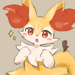 Rule 34 | 1girl, animal ear fluff, animal ears, animal nose, blush, body fur, braixen, clenched hands, creatures (company), female focus, flat chest, fox ears, fox girl, fox tail, game freak, gen 6 pokemon, grey background, hands up, highres, looking at viewer, neck fur, nintendo, open mouth, pokemon, pokemon (creature), red eyes, san (sanchimpo), simple background, solo, sparkle, standing, stick, tail, two-tone fur, upper body, white fur, yellow fur