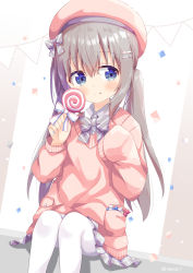 Rule 34 | 1girl, :p, beret, blue eyes, blush, candy, closed mouth, collared shirt, commentary request, confetti, dress shirt, food, grey hair, grey skirt, hair between eyes, hair ornament, hairclip, hands up, hat, heart, heart hair ornament, highres, holding, holding candy, holding food, holding lollipop, lollipop, long hair, long sleeves, nakkar, original, pantyhose, pennant, pink hat, pink sweater, plaid, plaid skirt, pleated skirt, shirt, skirt, sleeves past fingers, sleeves past wrists, smile, solo, string of flags, sweater, swirl lollipop, tongue, tongue out, twintails, twitter username, very long hair, white pantyhose, white shirt